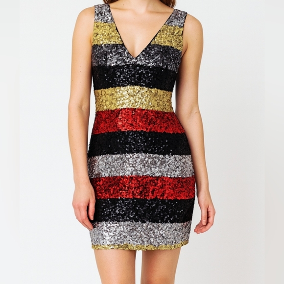 Marineblu Dresses & Skirts - Black/Gold/Red/Silver Striped Sequin Mini Dress